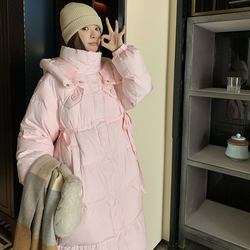 2025冬季新款粉色连帽白鸭绒羽绒服女中长款拉链加厚保暖外套流行