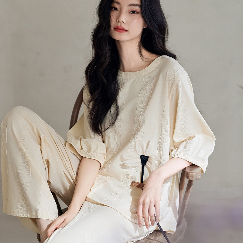 夏季睡衣女款纯棉七分袖薄款套头休闲宽松短袖长裤家居服套装夏天