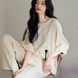 夏季睡衣女款纯棉七分袖薄款套头休闲宽松短袖长裤家居服套装夏天