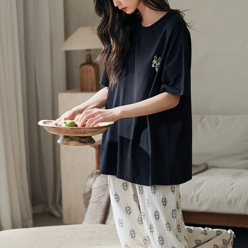 短袖长裤睡衣女款夏天纯棉薄款时尚休闲带胸垫家居服两件套装夏季