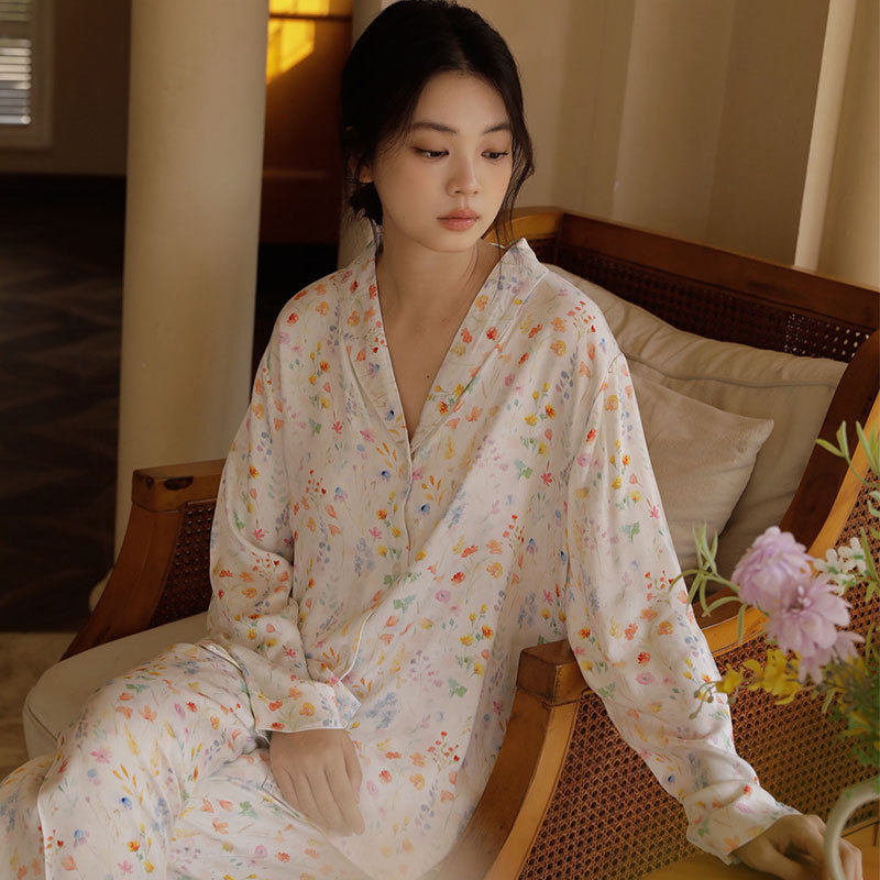 2026新款女士家居服亲肤舒适人棉贡缎花卉印花翻领长袖睡衣套装