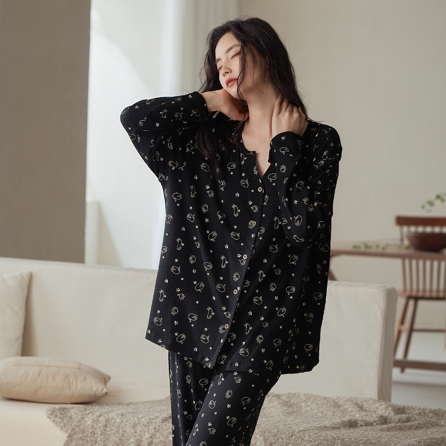 睡衣女春秋款长袖甜美时尚休闲印花小猫长裤家居服套装可外穿秋季