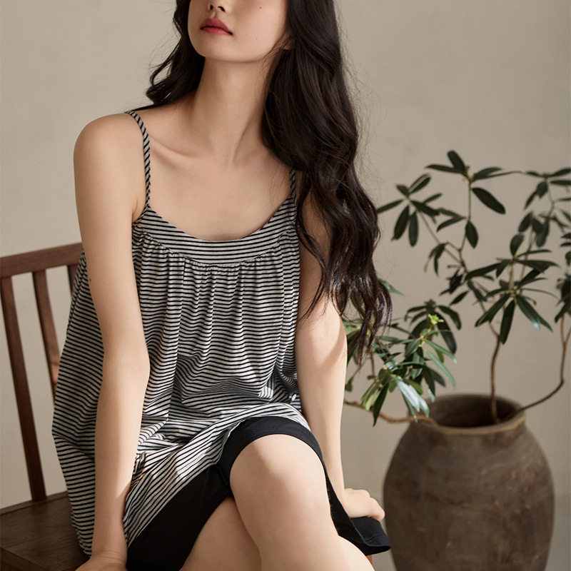 夏季吊带睡衣女带胸垫纯棉短裤薄款条纹可外穿防凸点家居服两件套