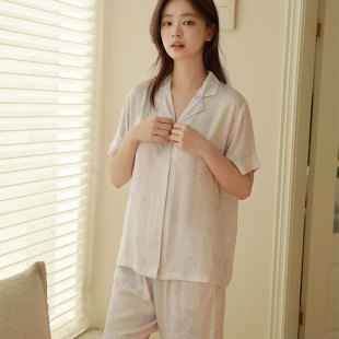 26年夏季新品 浪漫紫色氛围感印花宽松舒适人棉贡缎短袖睡衣套装