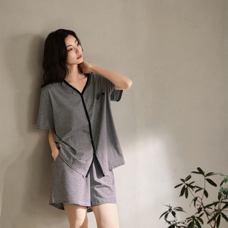 夏天睡衣女纯棉短袖短裤时尚高级感条纹V领可外穿薄款家居服套装