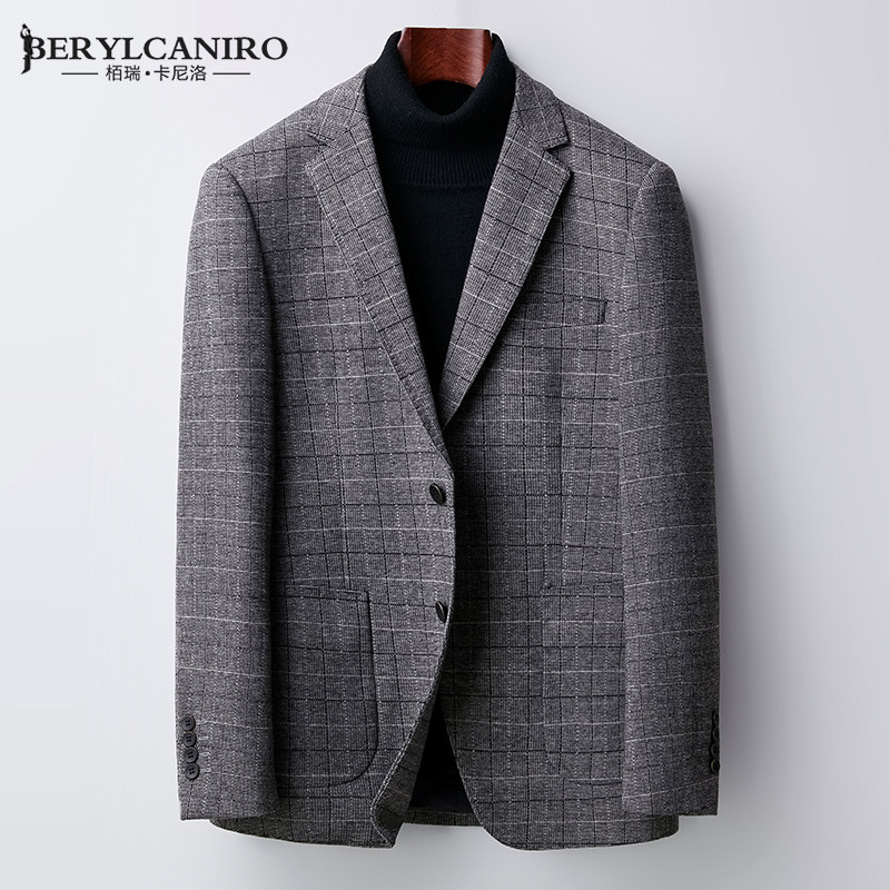 秋冬季中青年灰色西服外套男士复古潮流格子休闲商务修身西装上衣