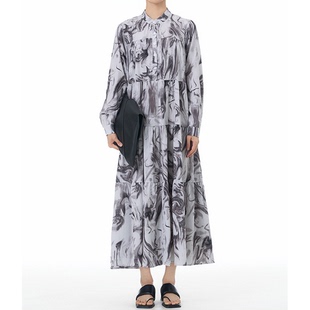 遮肚长裙气质穿搭宽松显瘦裙子 水墨风印花连衣裙女长袖 韩版 加大码