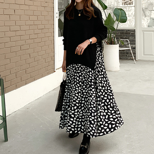 2025春秋大码女装长袖T恤拼接印花大摆连衣裙宽松显瘦假两件长裙
