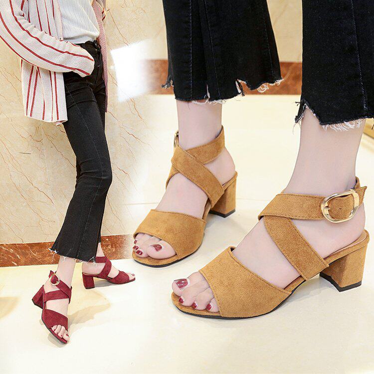凉鞋女交叉反绒一字扣高跟粗跟露趾2019新款夏季简约百搭露趾女鞋在类目 女鞋, 凉鞋中 - 来自Buy2taobao.com提供专业的淘宝代购服务