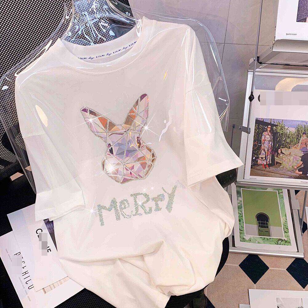 春装新款宽松上衣大码女装闪闪兔子纯棉大码女夏重工烫钻短袖T恤
