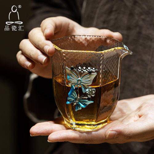 品瓷汇加厚耐热公道杯子功夫茶海分茶器镶锡合金梅蝴蝶茶具