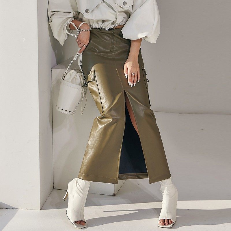 高腰pu皮裙半身裙女秋季2024新款修身显瘦复古工装皮长裙直筒裙女