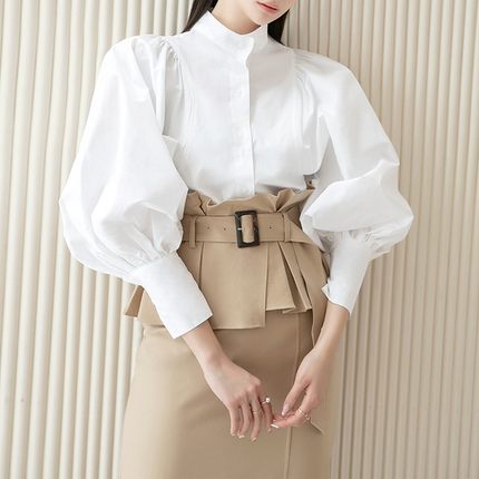 白色立领灯笼袖衬衫女春夏法式高级设计感小众泡泡长袖气质上衣