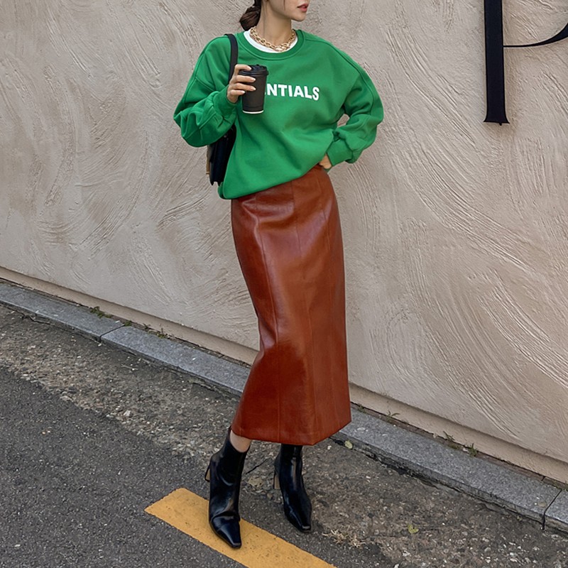 高腰包臀皮半身裙中长款