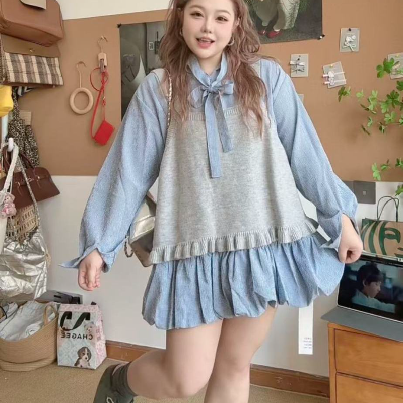 胖MM大码甜美套装蝴蝶结衬衫裙叠针织马甲背心裙超仙花苞裙女套装