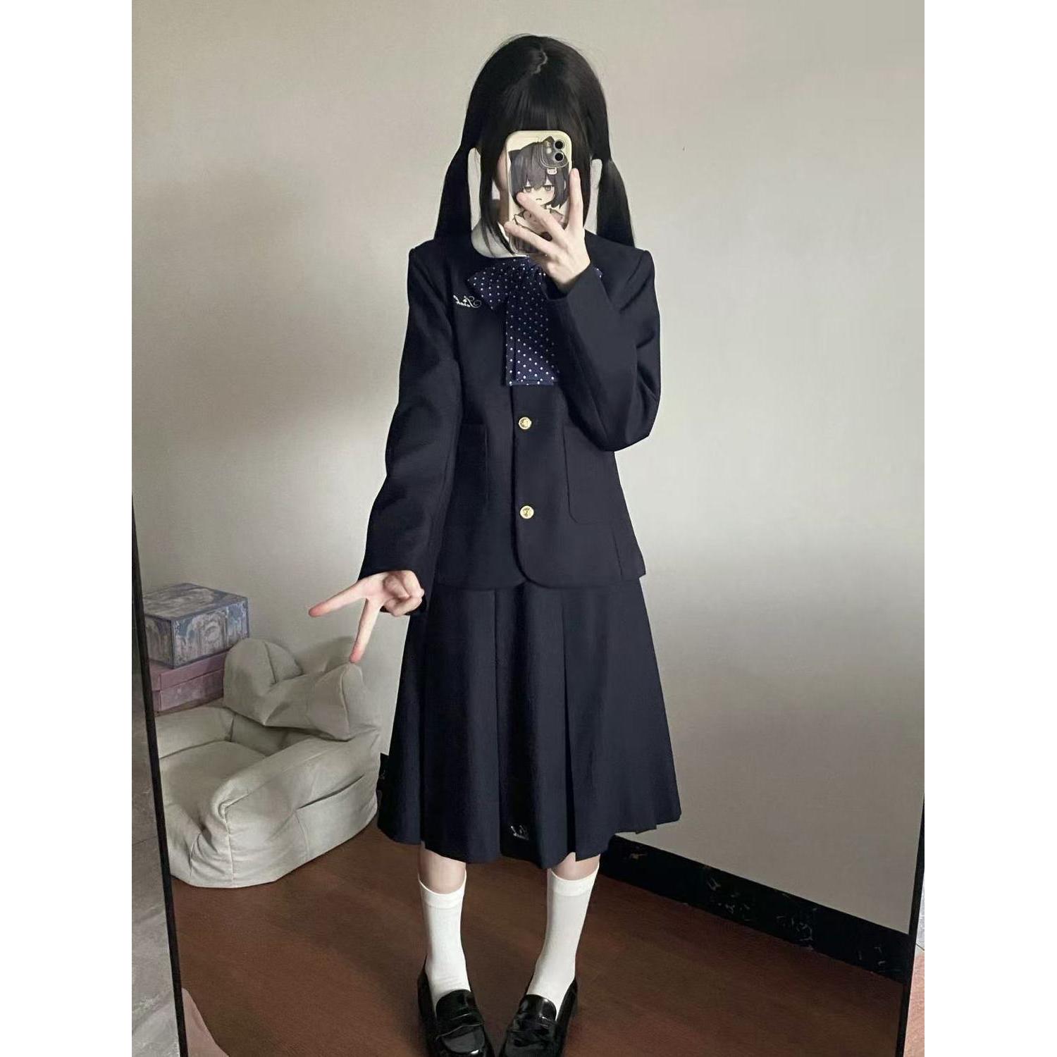 胖MM大码秋冬小圆领西装外套绀色JK制服套装基础款百搭裙子日系女