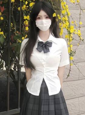 胖MM大码日系jk制服甜辣学院风学生收腰衬衣修身纯欲泡泡袖上衣女