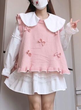 胖MM200斤特大码秋冬学院风针织衫背心毛衣女马甲娃娃领衬衫套装