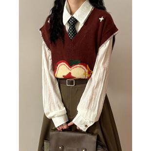胖MM大码 马甲叠穿毛衣背心女 秋冬日系复古软糯苹果提花V领针织衫