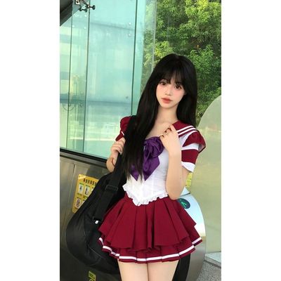 胖MM200斤特大码辣妹风海军蝴蝶结收腰上衣百褶短裙jk套装两件套