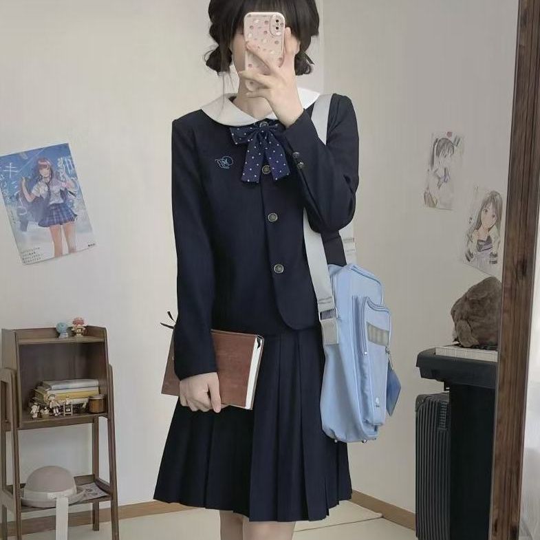 胖MM大码JK制服套装小圆西服百搭纯色绀JK裙校供感学院风一整套女