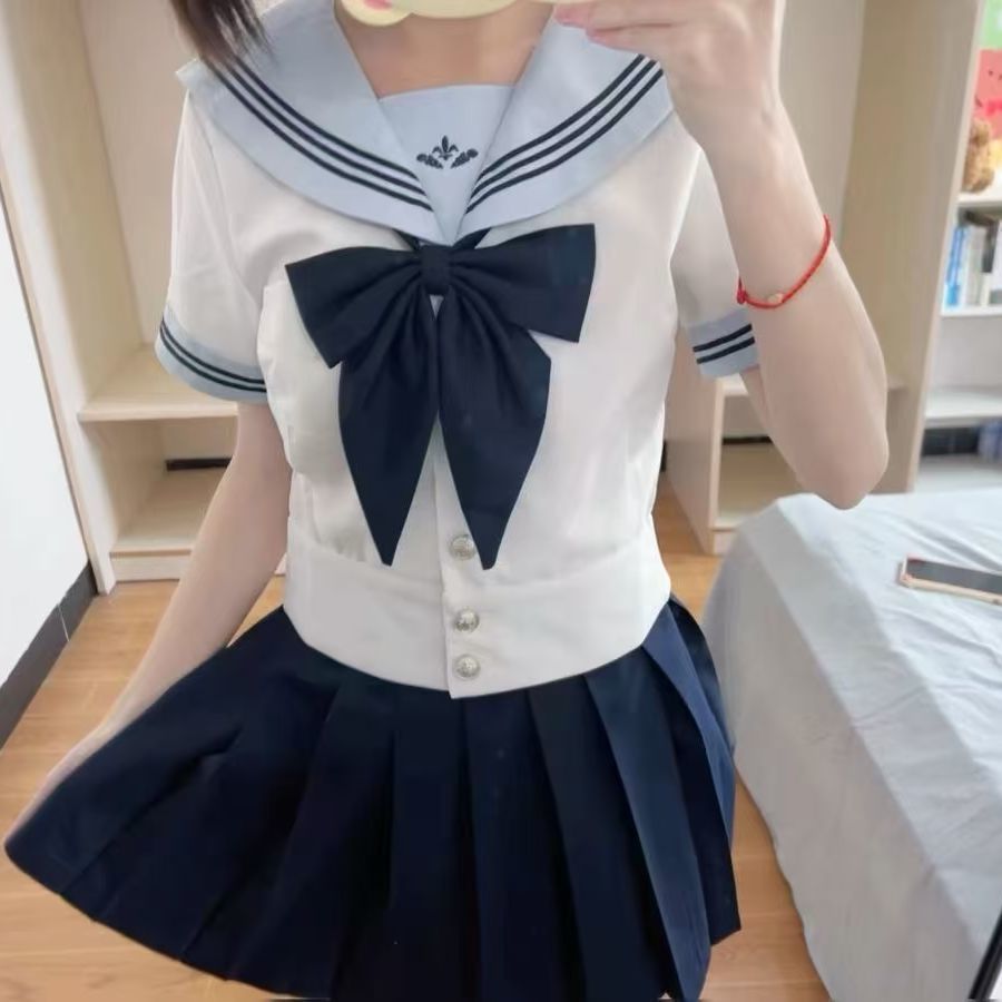 胖MM大码日系绀色绀三本中间服夏服收腰长袖水手服jk制服套装原创