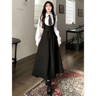 胖MM200斤特大码学院风制服背带连衣裙收腰显瘦吊带长裙两件套装