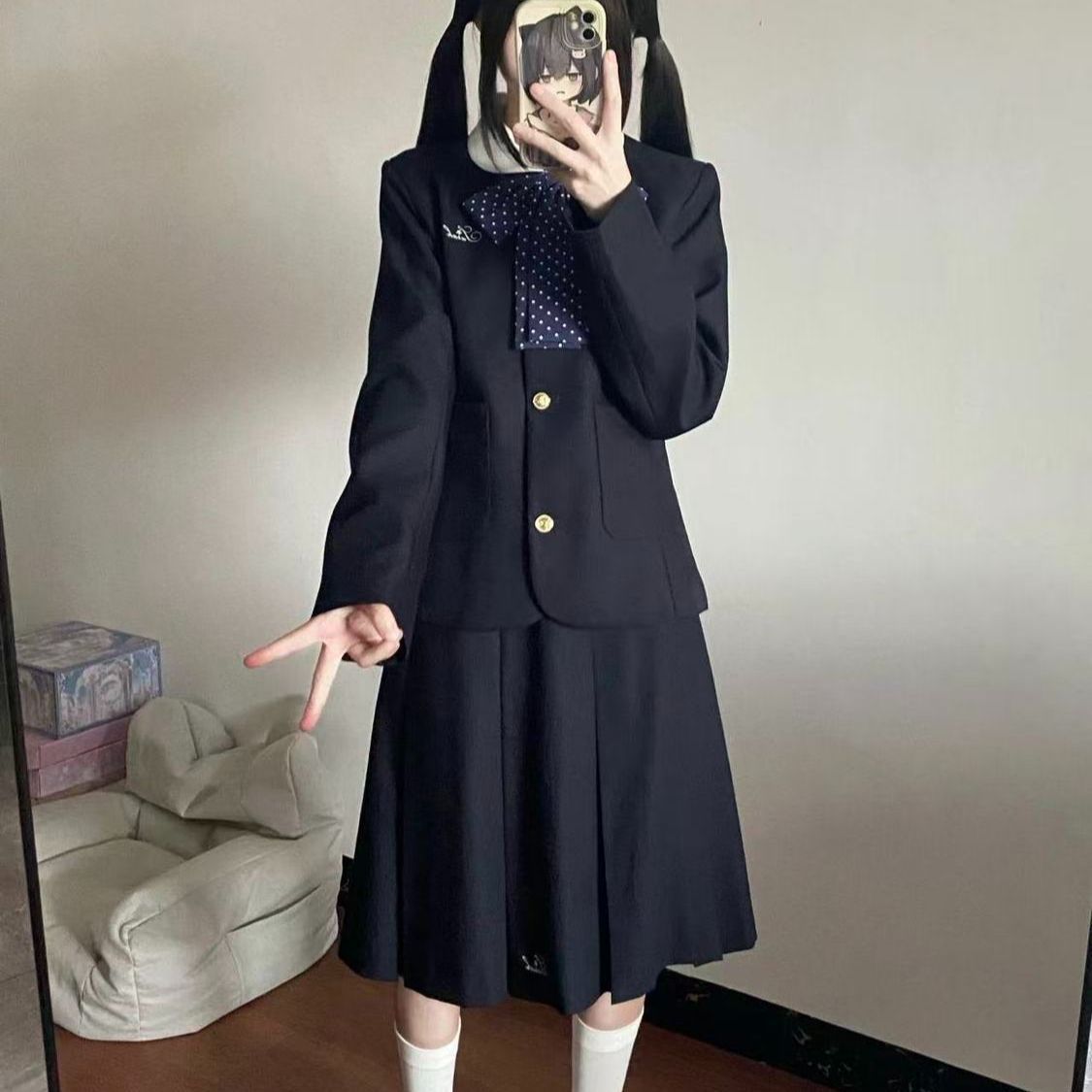 胖MM大码日系秋冬新款小圆领西装外套绀色JK制服套装基础款百搭裙