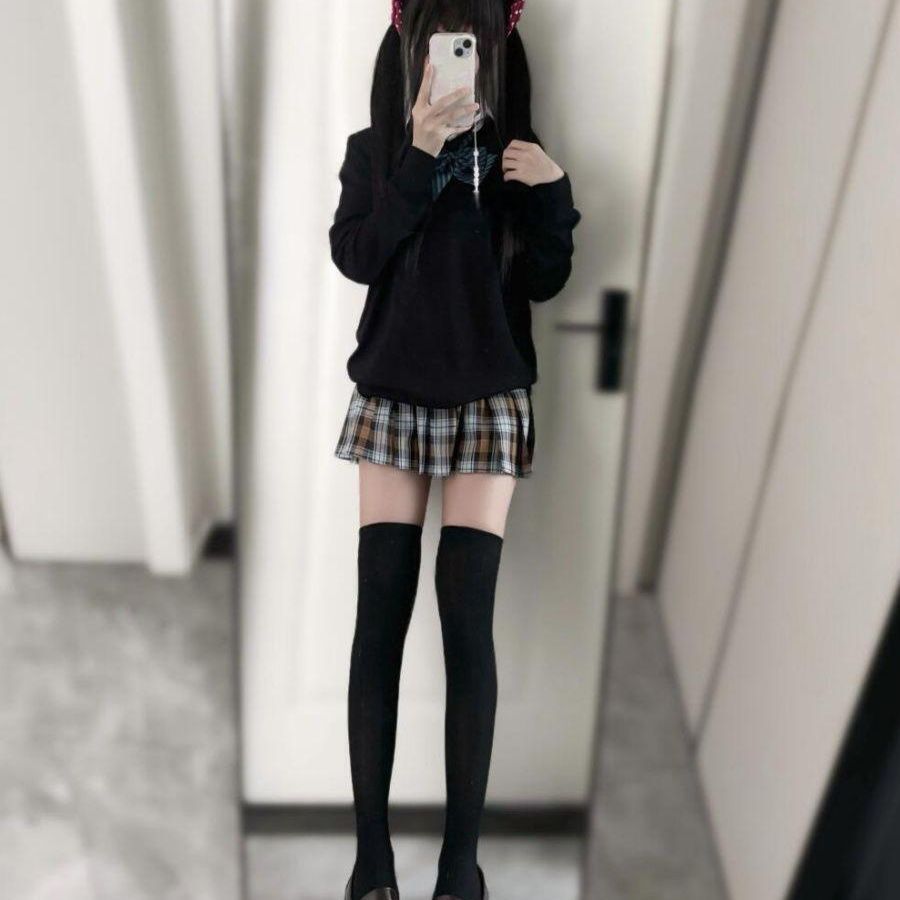 胖MM大码秋刀鱼/jk制服辣妹毛衣格裙套装秋冬长袖上衣叠针织衫女