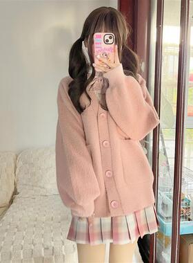 胖MM200斤特大码少女粉甜美水软糯针织开衫JK制服毛衣慵懒风套装