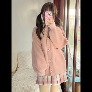 JK制服毛衣慵懒风套装 胖MM200斤特大码 少女粉甜美水软糯针织开衫