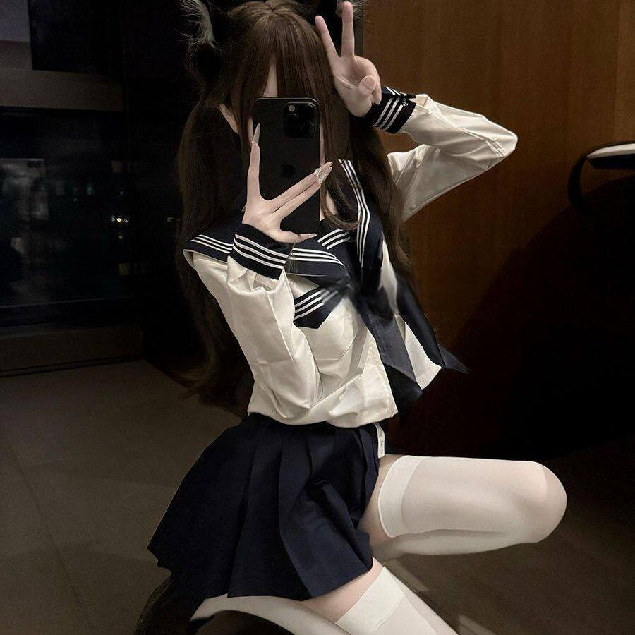 胖MM大码正统JK制服开襟中间服早秋基础款白三本长短袖水手服套装图片
