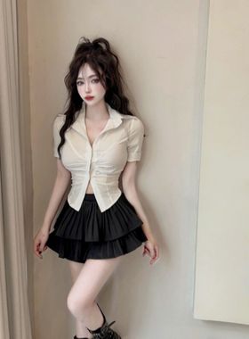 胖MM200斤特大码紧身衬衫春夏季衬衣性感短袖白色别致修身上衣女