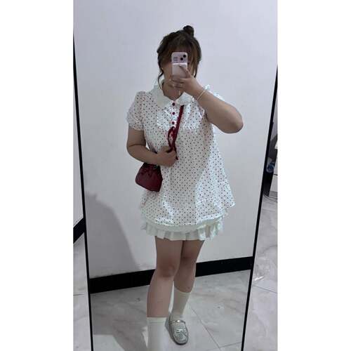胖MM大码jk夏季新款甜美假两件蓝格短袖连衣裙收腰显瘦格纹娃娃裙