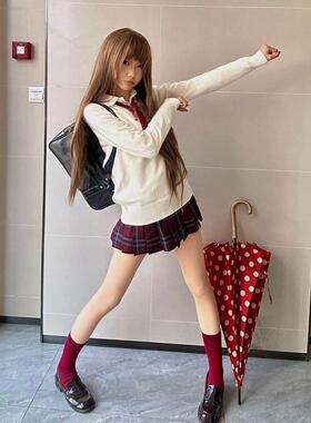 胖MM大码K制服穿搭白色针织毛衣基础百搭衬衫叠穿红格百褶裙套装