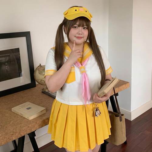 胖MM大码日系甜美jk制服夏季学院风蓝三本黄三本水手服双子jk套装