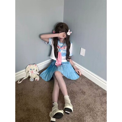 胖MM大码中间服学院风穿搭水手服浅蓝黄色三本短袖衬衫JK短裙套装