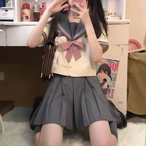 胖MM200斤特大码学院风水手服海军领短袖上衣百褶半身短裙两件套