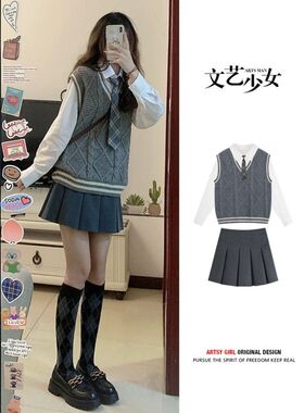 胖MM200斤特大码两件套装日系甜美领带衬衫灰毛衣马甲背心针织衫