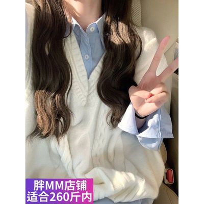 胖MM大码秋季马甲衬衫两件套女