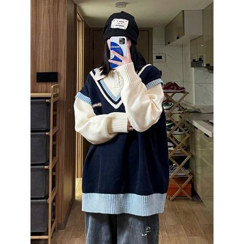 胖MM200斤特大码POLO领假两件森系毛衣女秋冬学院风高级感针织衫