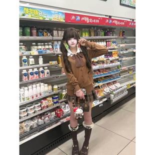 胖MM大码学院风JK制服棕色针织长袖开衫毛衣外套新品百褶格裙穿搭
