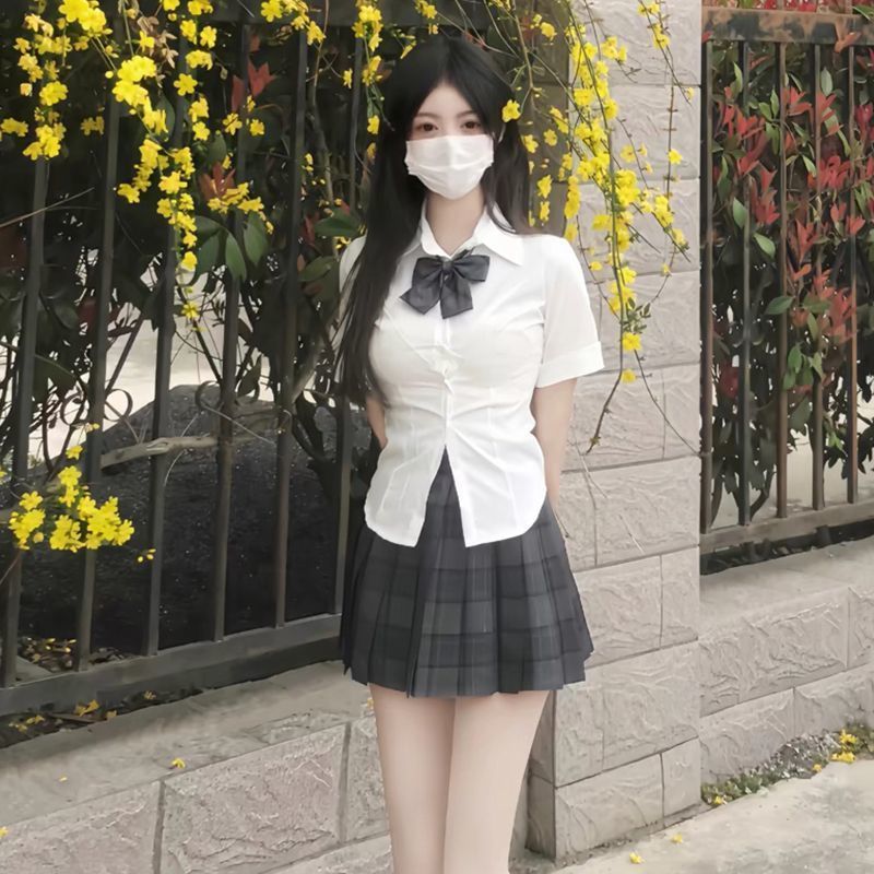 胖MM大码日系jk制服甜辣学院风白色衬衫收腰修身纯欲泡泡袖上衣女