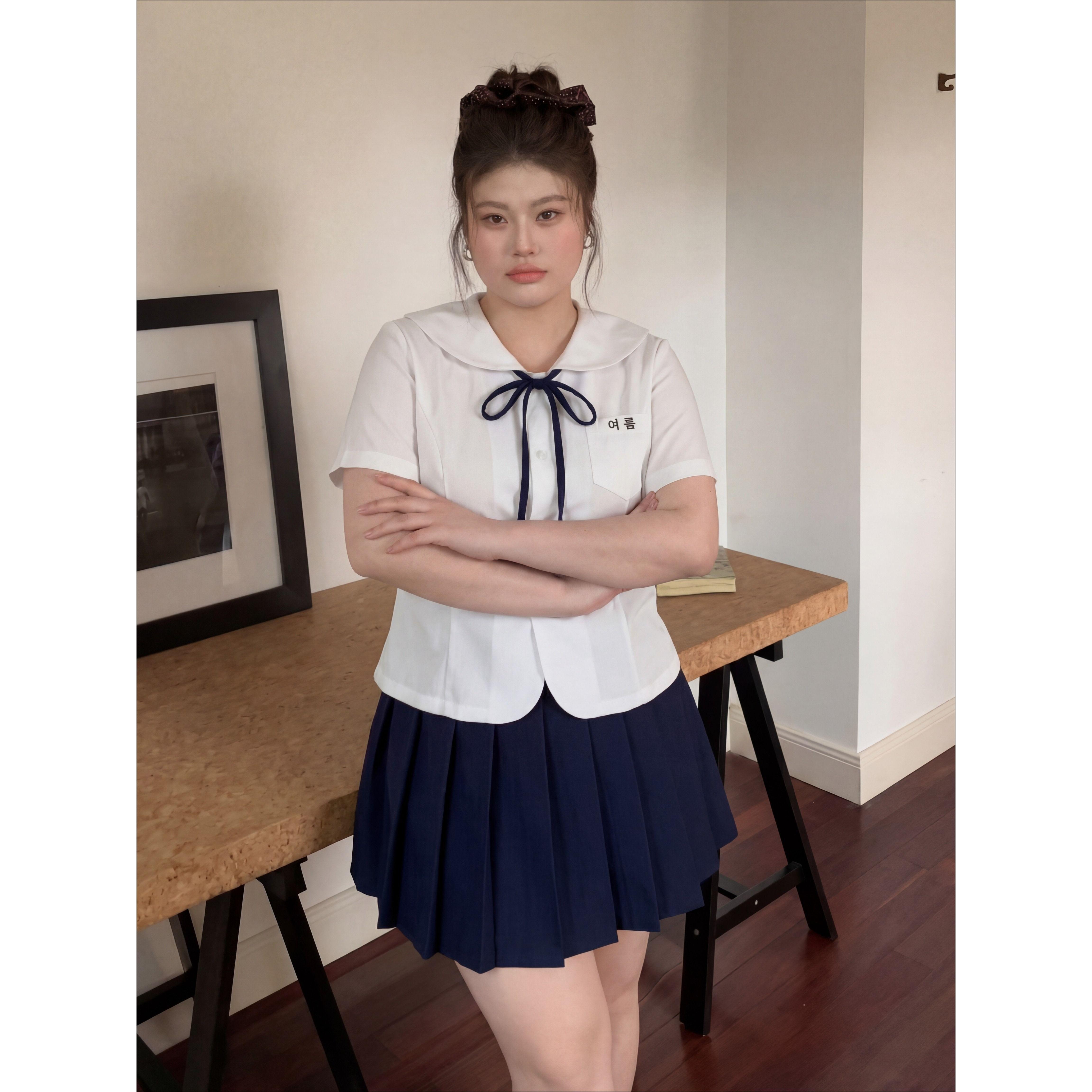 胖MM大码jk制服夏季新款学院风圆领短袖衬衣收腰三件套显瘦衬衣女图片