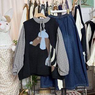 时尚 韩版 百搭卡通狗图案圆领针织马甲显瘦洋气女 2026冬季 胖MM大码