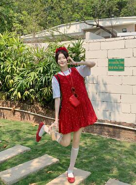 胖MM大码波点气质叠穿红色背心连衣裙女新款宽松显瘦花苞复古短裙