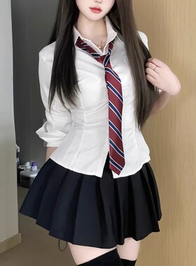 胖MM200斤特大码收腰衬衫女法式学院风长袖白衬衣显瘦jk制服套装