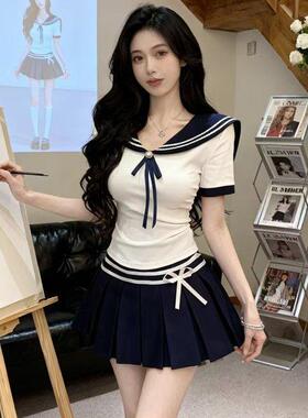胖MM大码海军领短袖t恤夏季纯欲辣妹短款上衣独特绝美jk制服套装