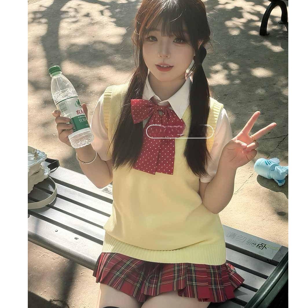 胖MM大码JK制服衬衫无袖马甲背心学院风内搭短袖衬衫上衣短裙套装