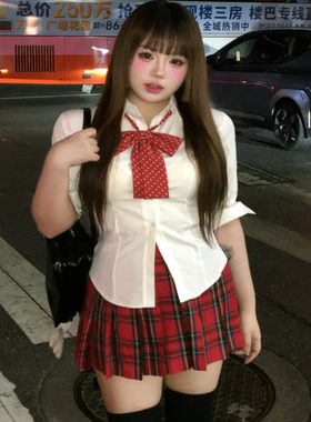 胖MM大码原创小辣椒jk制服裙狗短格裙高腰半身裙学院风套装叠穿